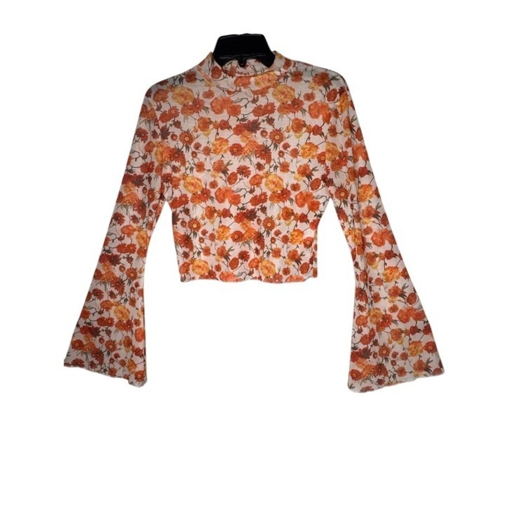 Womens All Over Floral Mesh Sheer Top M Bell Sleeves Fairy Festival Indie Hippie